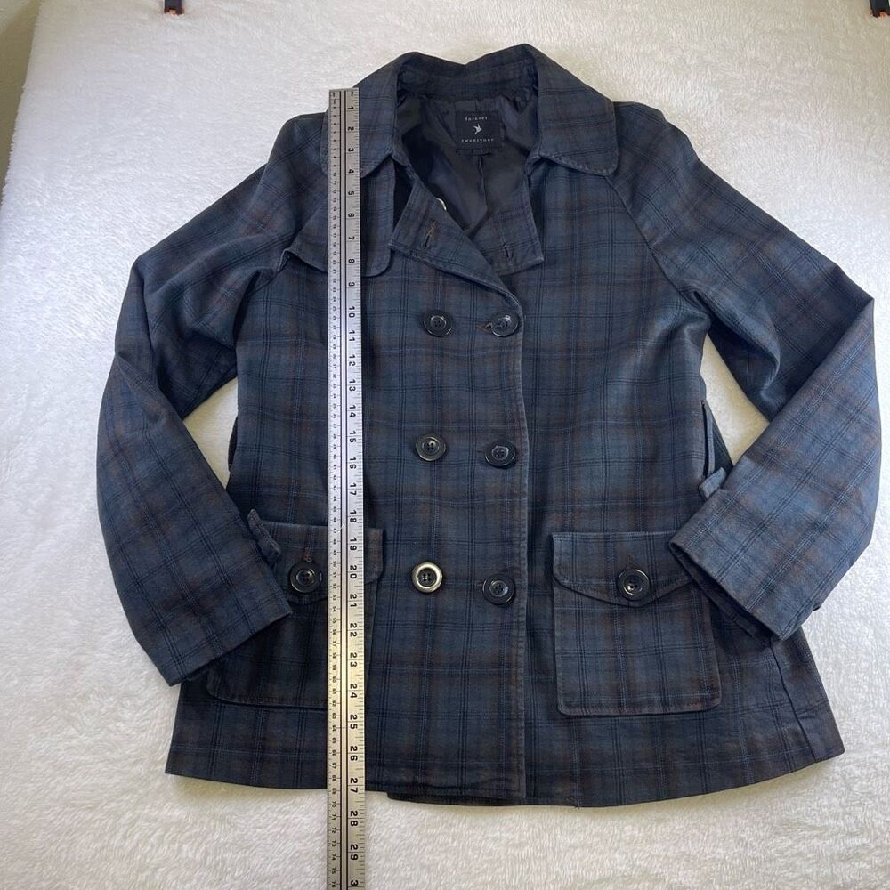 Large Forever 21 Peacoat Navy Tartan Plaid Pea Coat Double Breasted - Picture 3 of 10